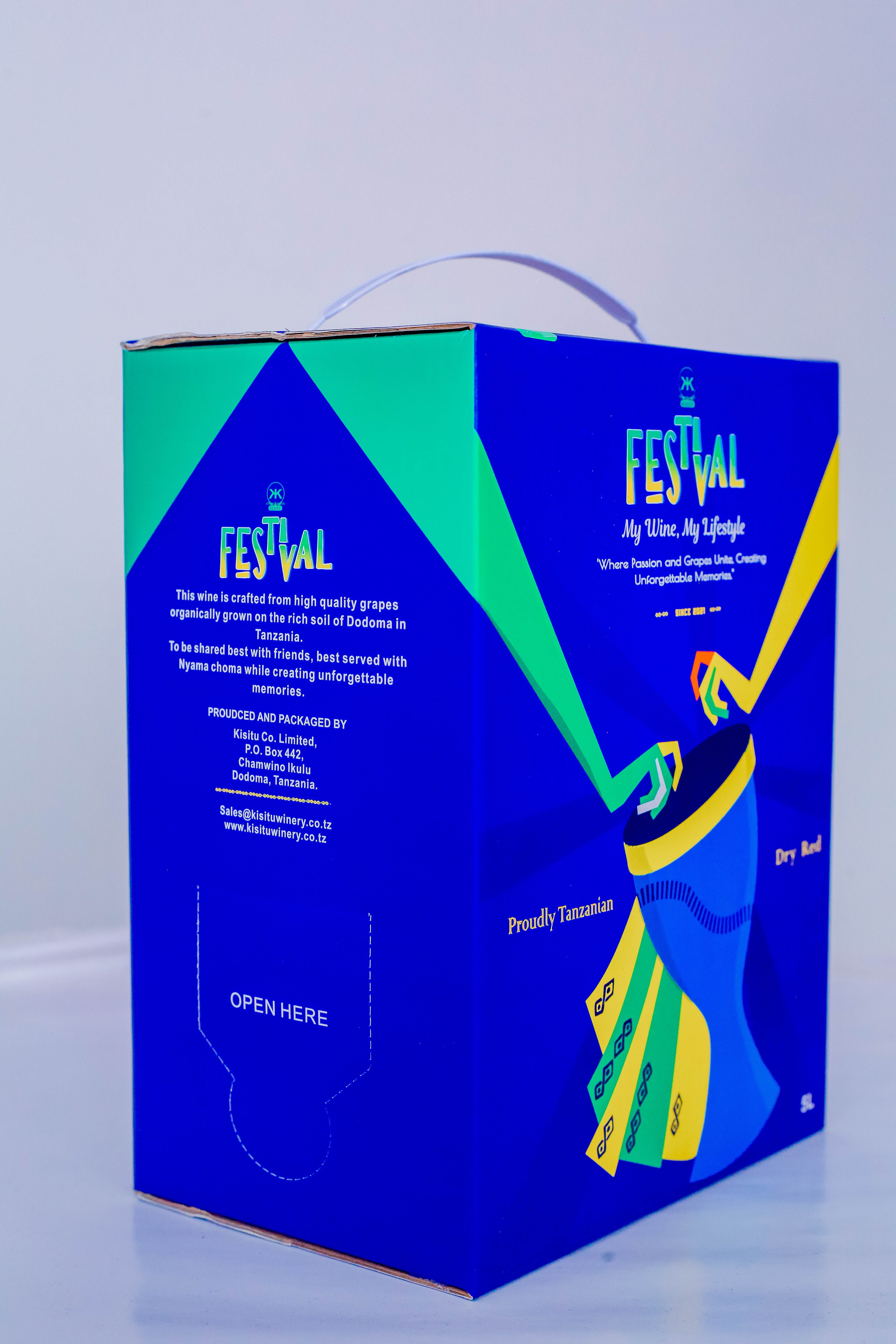 Festival wine package in its blue and teal Kisitu design